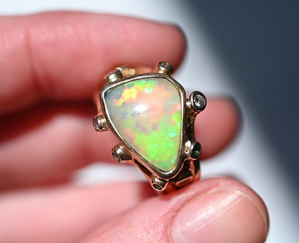  Freeform Honeycomb Opal, Diamond & Tsavorite Garnet Ring - size 7