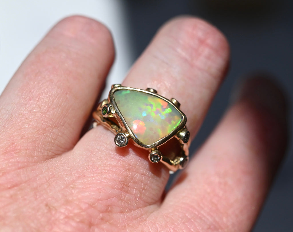  Freeform Honeycomb Opal, Diamond & Tsavorite Garnet Ring - size 7