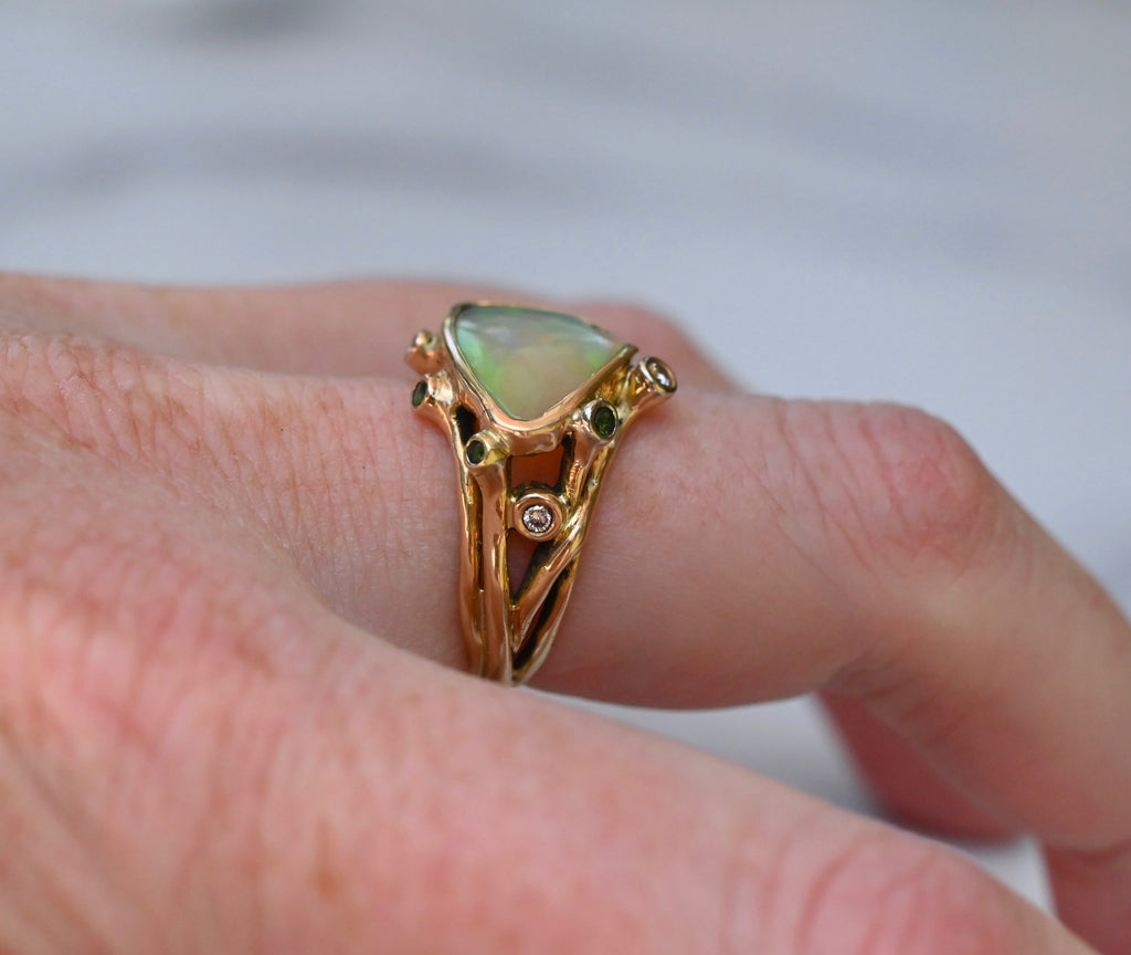  Freeform Honeycomb Opal, Diamond & Tsavorite Garnet Ring - size 7