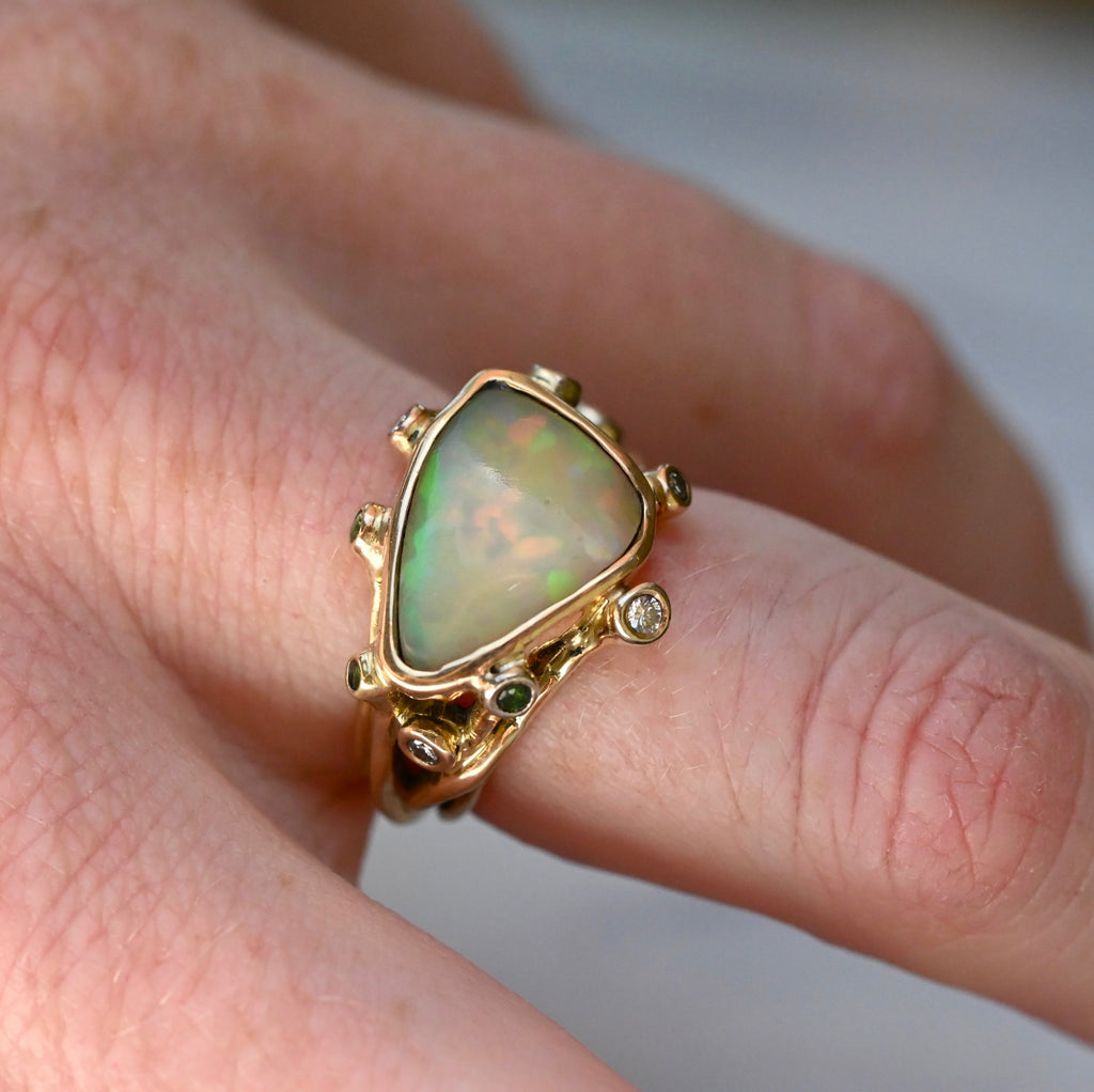  Freeform Honeycomb Opal, Diamond & Tsavorite Garnet Ring - size 7