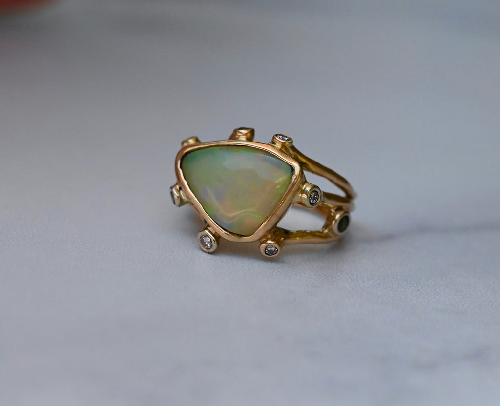  Freeform Honeycomb Opal, Diamond & Tsavorite Garnet Ring - size 7