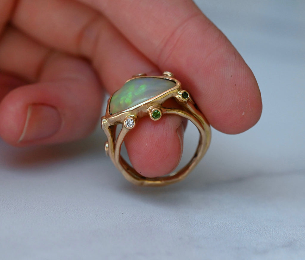  Freeform Honeycomb Opal, Diamond & Tsavorite Garnet Ring - size 7