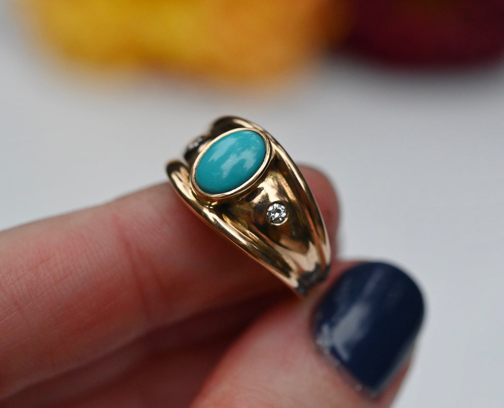 Sleeping Beauty Turquoise & Diamond 14k Gold Ring - size 7.75