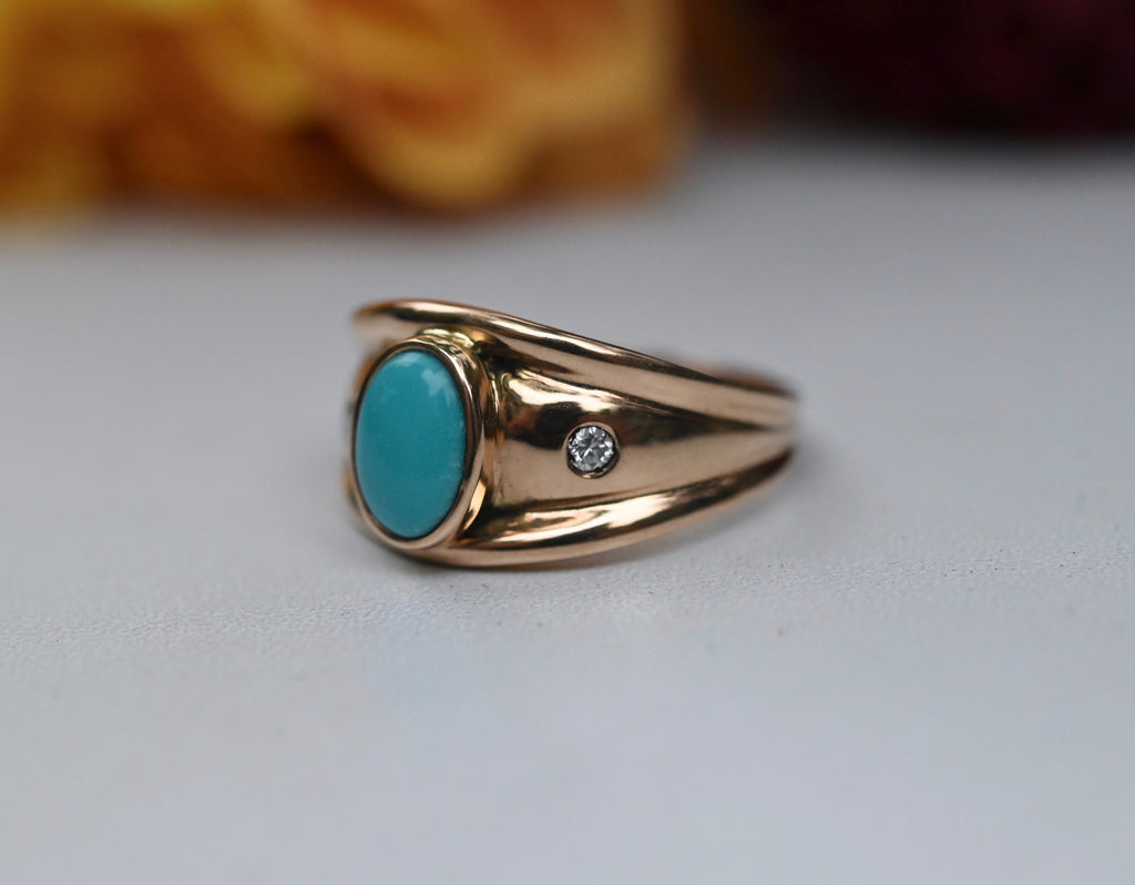 Sleeping Beauty Turquoise & Diamond 14k Gold Ring - size 7.75