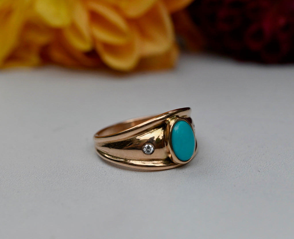 Sleeping Beauty Turquoise & Diamond 14k Gold Ring - size 7.75