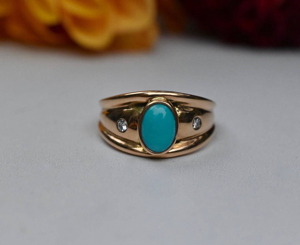 Sleeping Beauty Turquoise & Diamond 14k Gold Ring - size 7.75