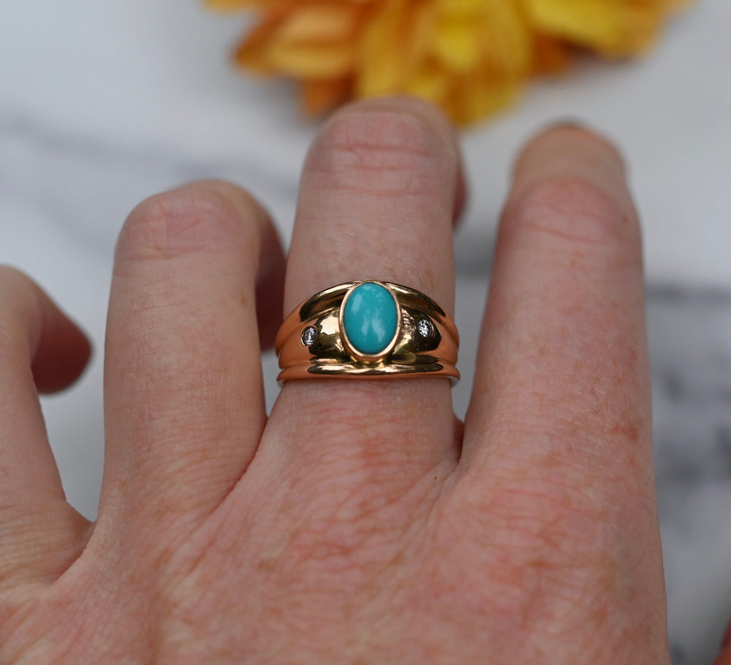 Sleeping Beauty Turquoise & Diamond 14k Gold Ring - size 7.75