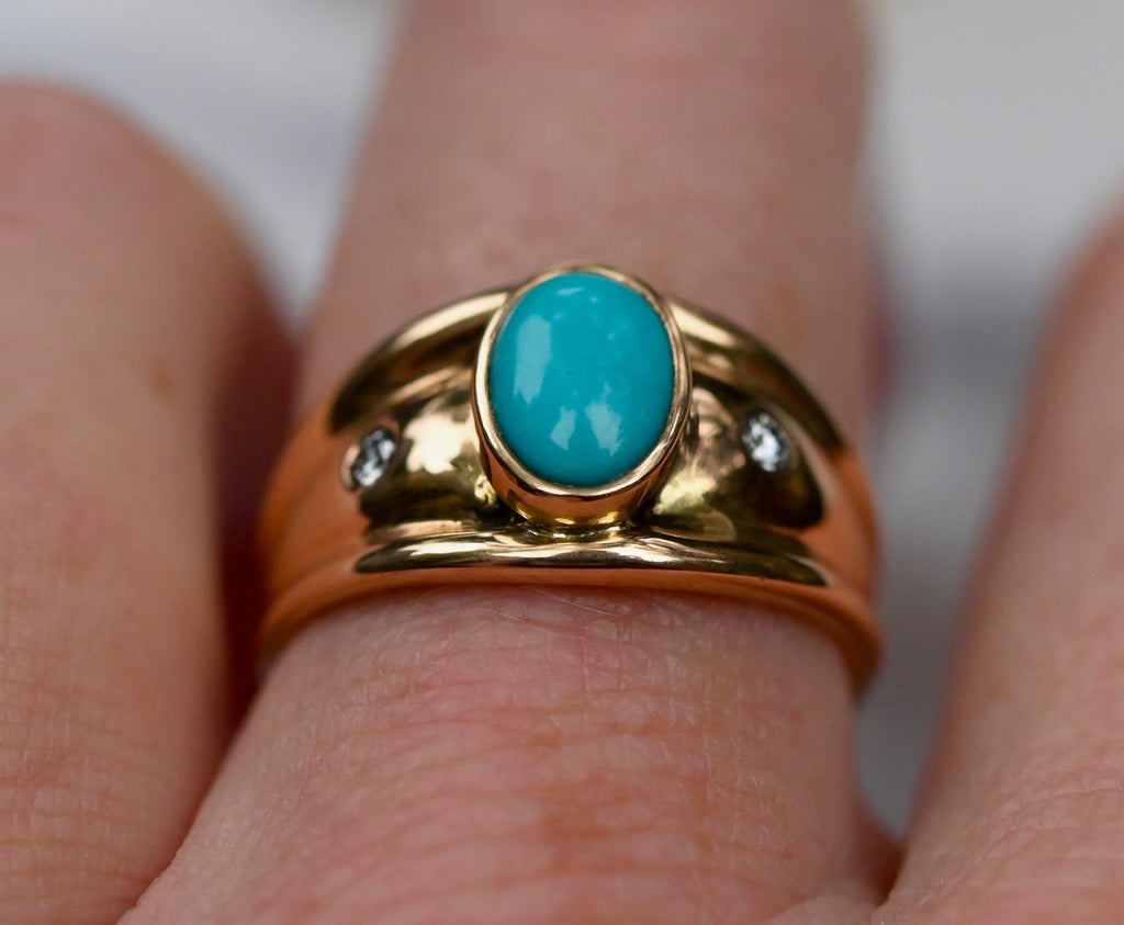 Sleeping Beauty Turquoise & Diamond 14k Gold Ring - size 7.75