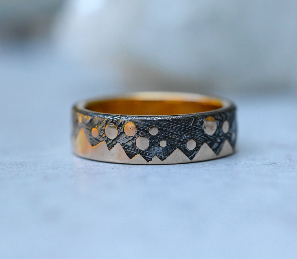 Meteorite & 14k Gold Zag Dot Ring - Made To Order Latta